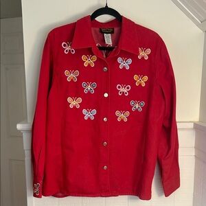Bob Mackie Wearable Art Red Button Down Collar Shirt  Butterfly Detail Medium